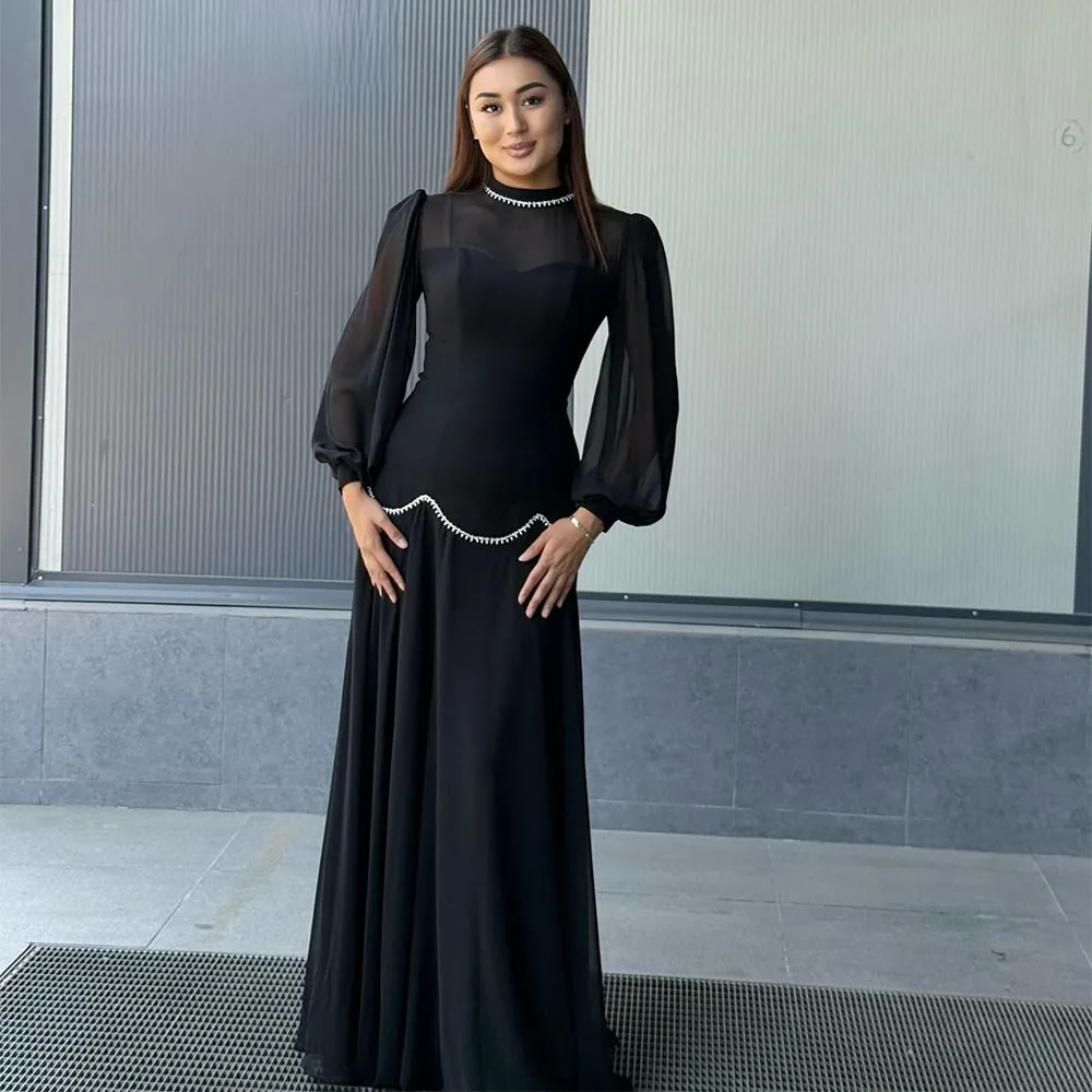 

Customized Modest Evening Dress High Collar Puffy Full Sleeves Illusion Evening Gowns for Women Beading A Line Black Prom Dress