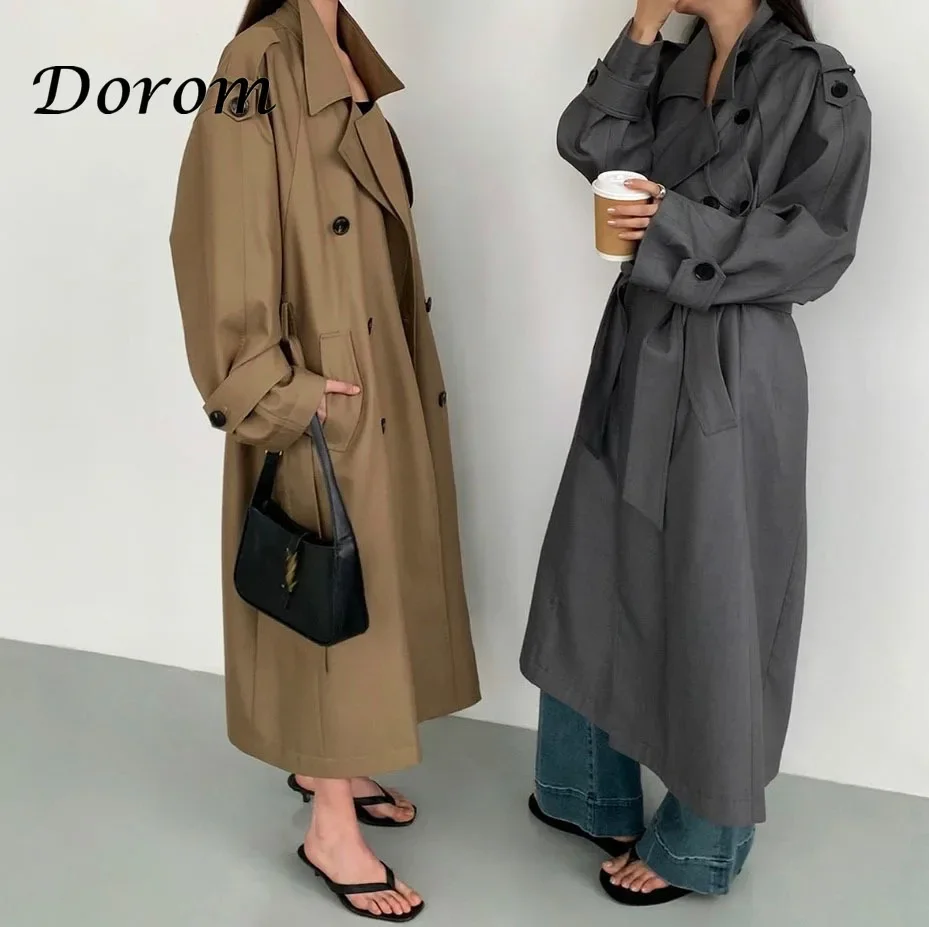 Vintage Classic Gray Long Trench Coats Women With Belt Turn-Down Collar Long Sleeves Double Breasted Windbreaker Jackets Outfits