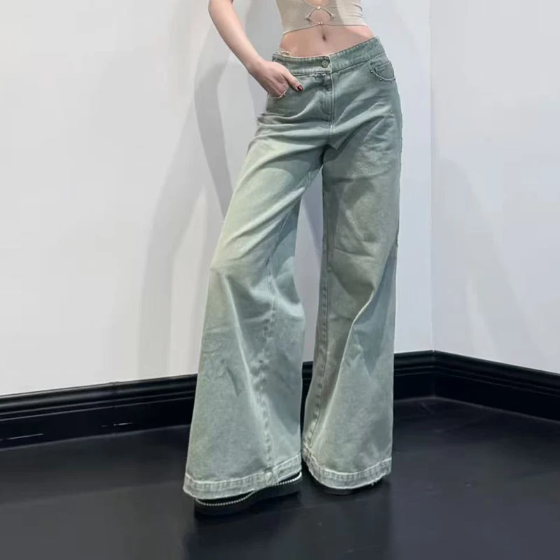 

Retro washed light blue wide-leg jeans, fashionable loose casual high-waisted jeans, floor-length jeans, 2025 new style