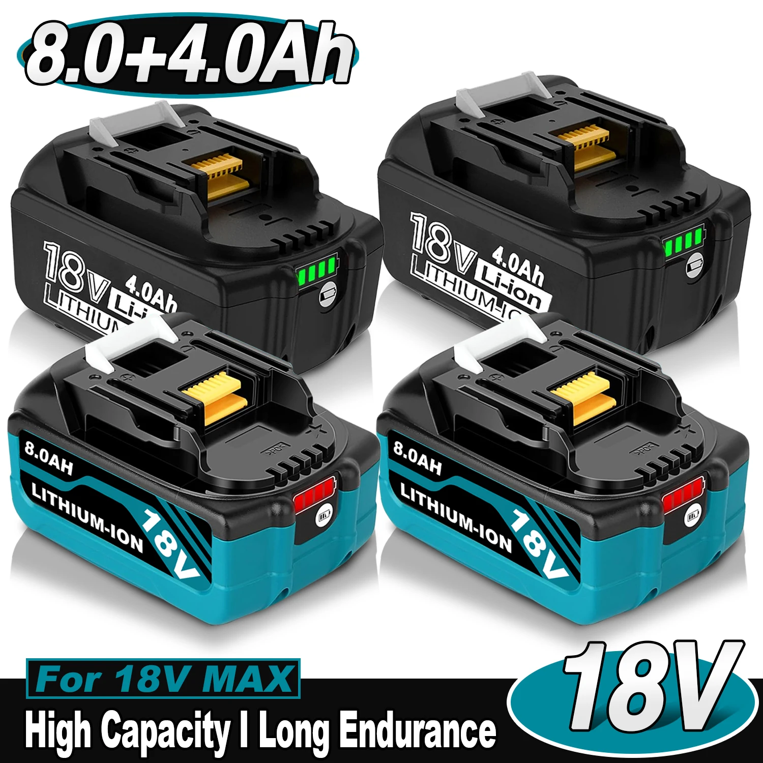 

18V Max Li-ion Battery Combo Pack 2x8.0Ah + 2x4.0Ah for Makita BL1860B Power Tools.Long Runtime, LED Indicator, High Capacity Replacement