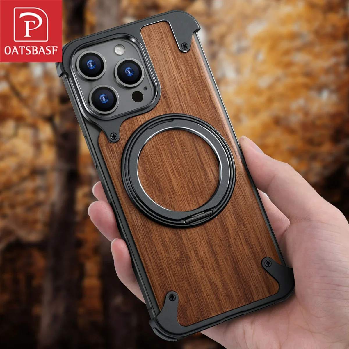 Oatsbasf Solid Wood Magnetic Phone Case for iPhone 16 Pro/16 Pro Max w/ 360°Rotate Kickstand Wireless Charging Protective Cover