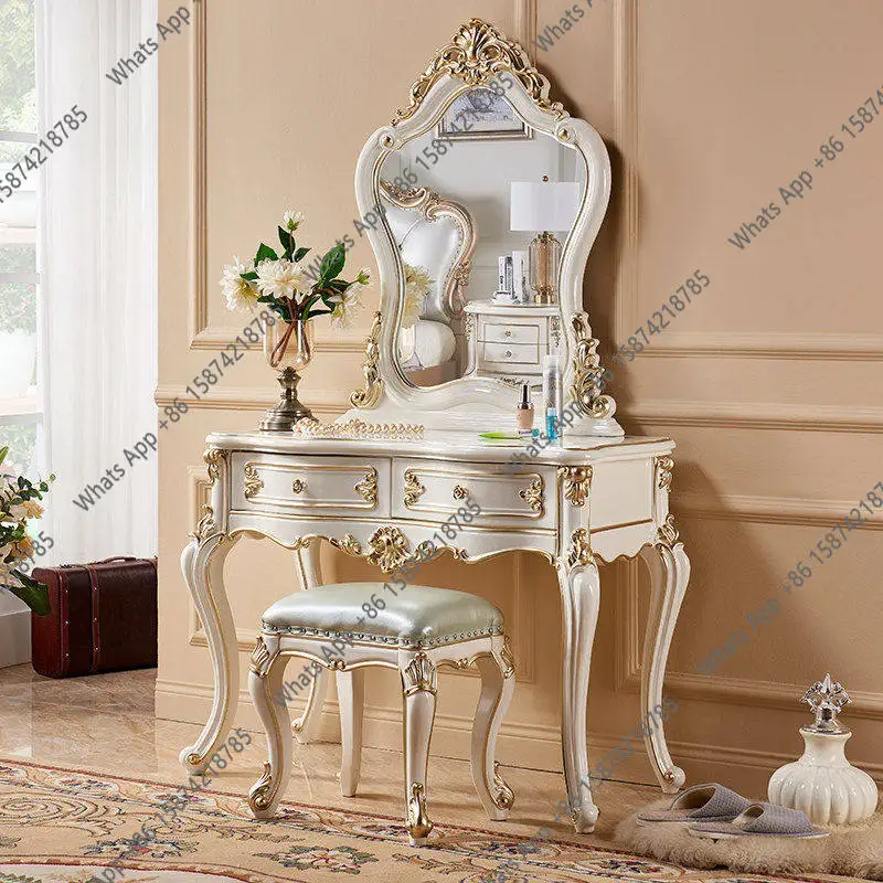 

European dresser bedroom solid wood simple luxury makeup storage table carved makeup stool white