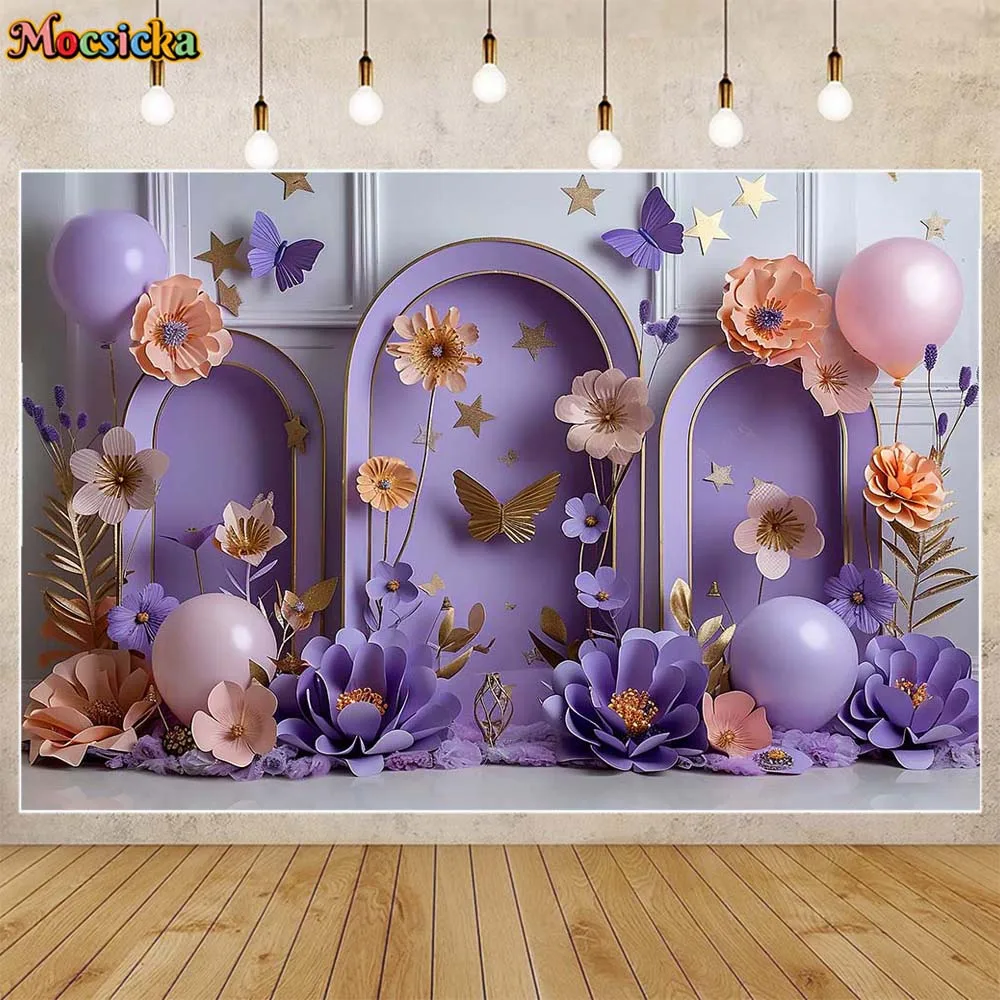 Mocsicka ลูกโป่งสีม่วงติดผนังรูปดอกไม้สำหรับเด็กแรกเกิด1st วันเกิดเค้กทุบสำหรับตกแต่งฉากหลังของตกแต่งงานปาร์ตี้