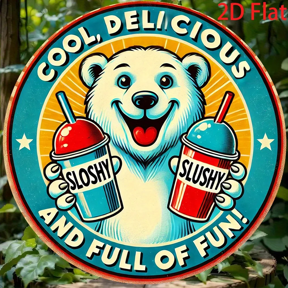 2D Flat, 2D Flat printing 1pc Metal iron sign [] Vintage Polar Bear Slushy Drink Metal Sign, 8.0x8.0inch - Retro Wall Art with P