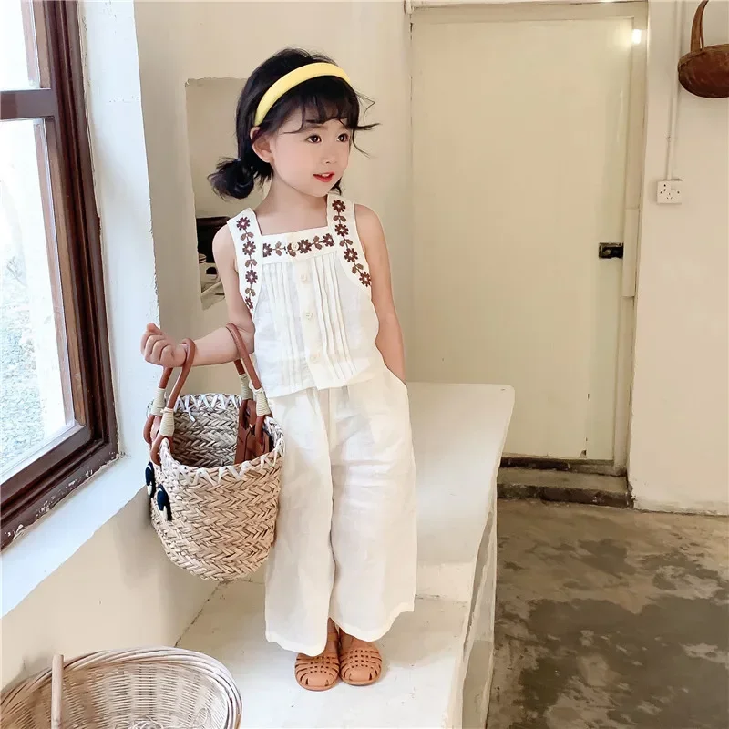 Clearance 110 120 130 1643C Girls Clothes Sleeveless Suit Girl Two Piece Clothes Embroidery Vest+ Wide-leg Pants Kid's Suit