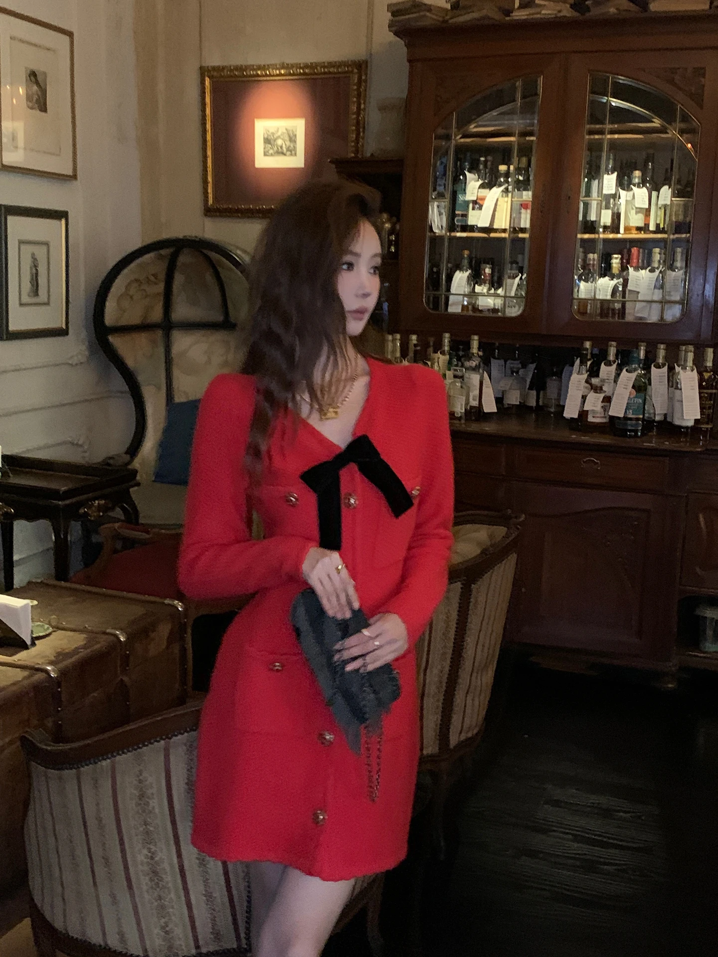 

Red Slim Fit Ele Little Fraance Sle Dr for Women Beautiful And Sli Perfect for New Year High Waist Squeezed Waist