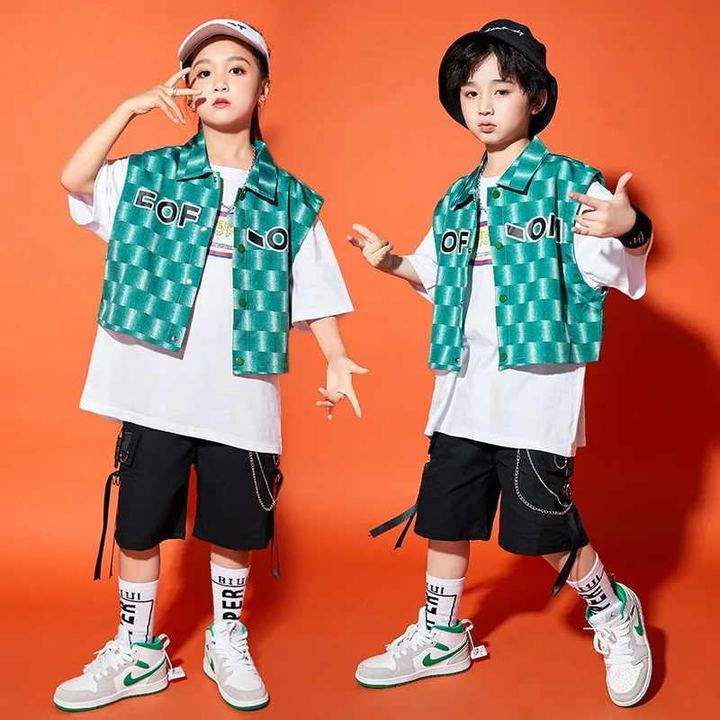 

Kid Hip Hop Clothing Green Checkered Sleeveless Jacket Vest Black Casual Cargo Shorts for Girl Boy Jazz Dance Costume Clothes