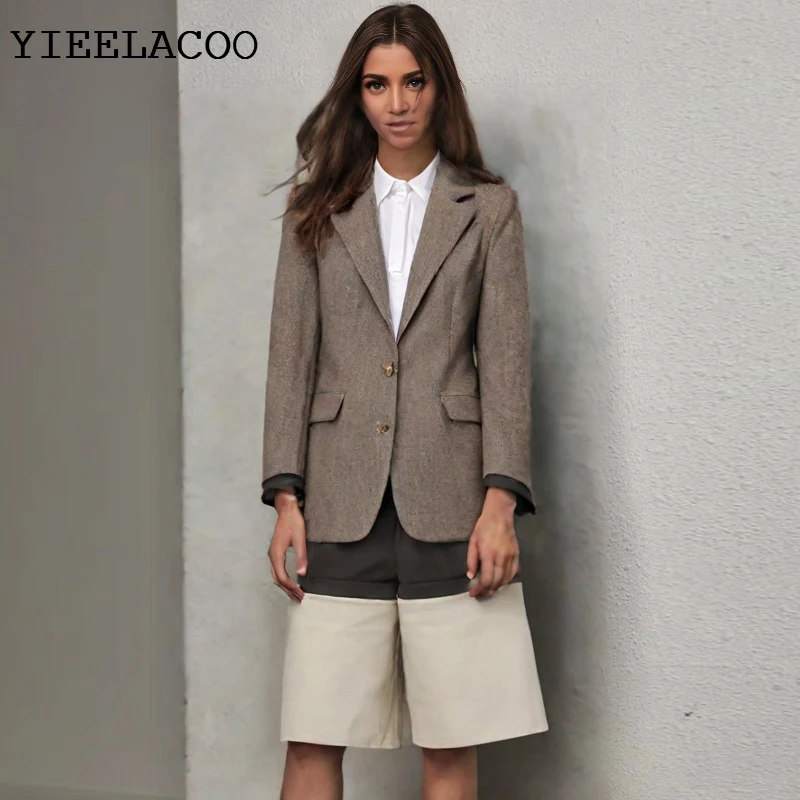 Brown Classic Women's Jacket  suit collar Fashionable casual one-piece spring / autumn street fashion suit jacket