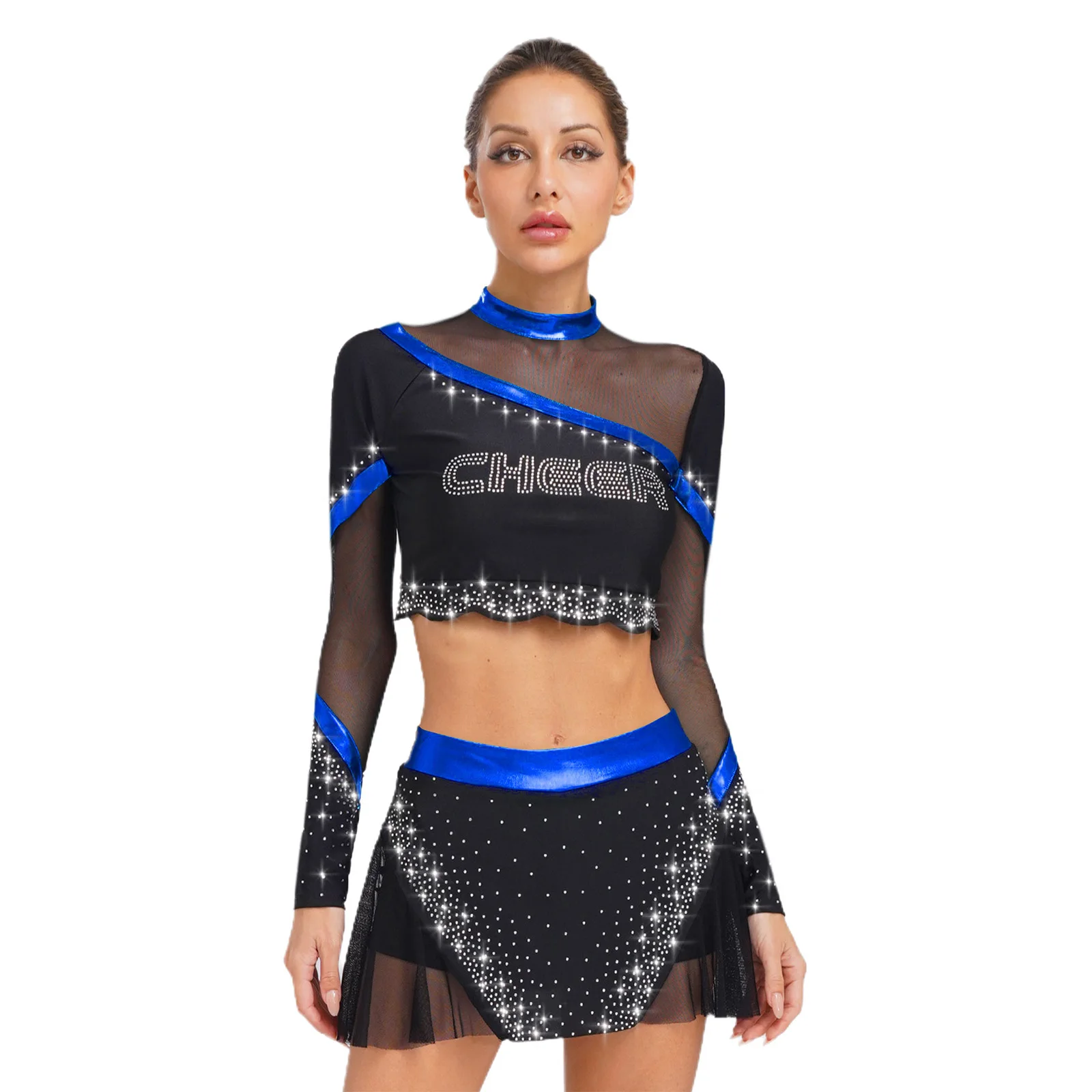

Women Cheer-leading Crop Tops with Dance Skirt Set Shiny Sparkling Football School Girl Cheerleading Performance Costume