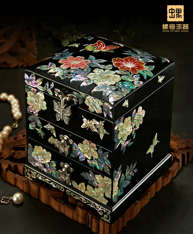 WOW-Christmas Birthday wedding High-grade gift BEST present -TOP Hand carving wood Inlay Natural  shells Jewelry Lacquer Box