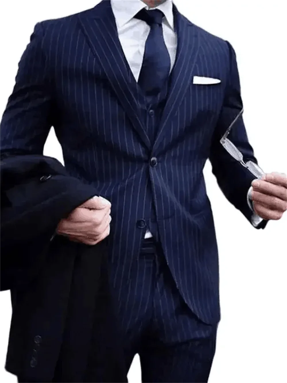 3 Piece Navy Blue Striped  Suits for Men Slim Fit Groom Tuxedos Peak Lapel Business Formal Party Blazer Vest Pants Costume Homme