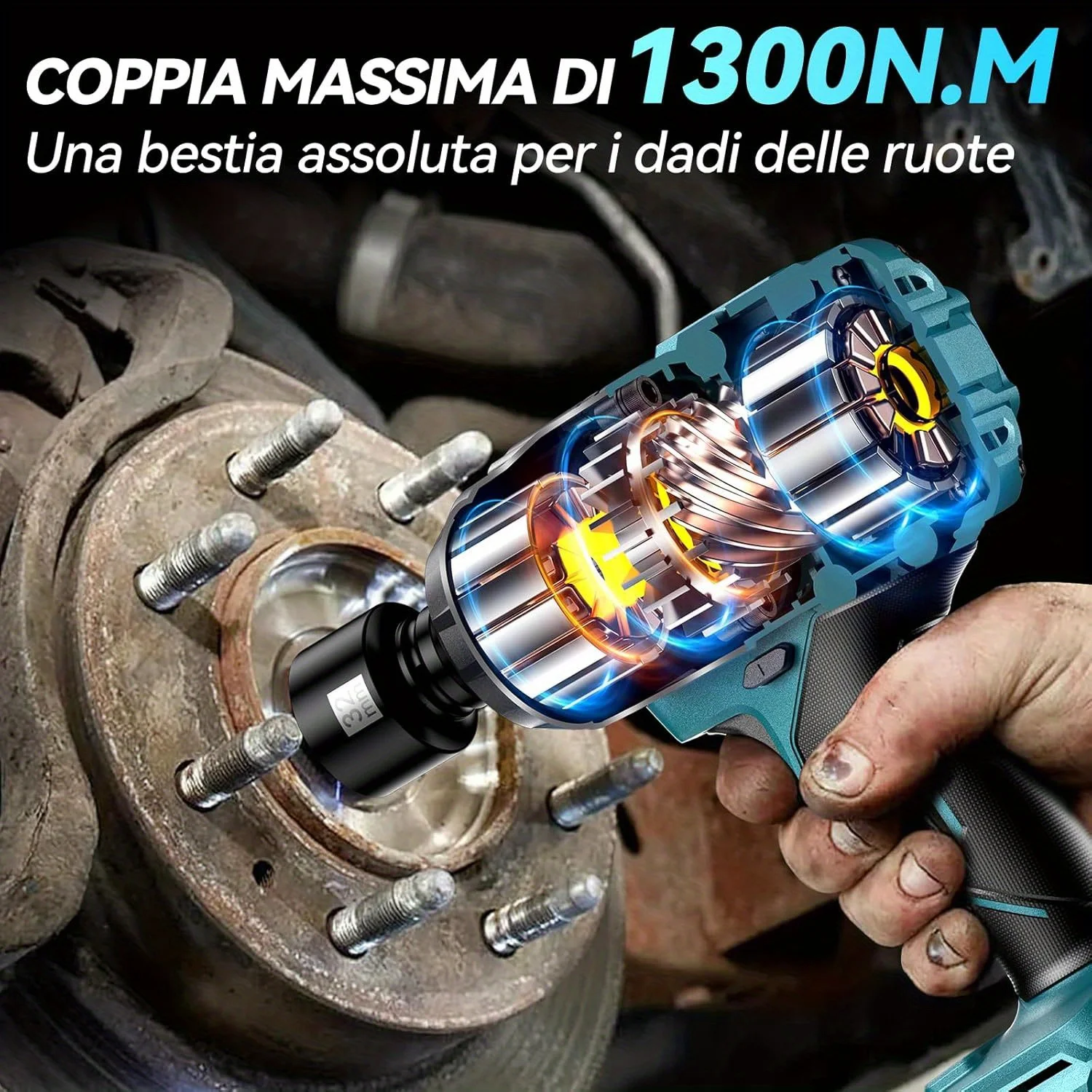 مفتاح ربط لاسلكي 1300 نانومتر، مفتاح ربط تأثير محرك بدون فرشاة مع بطاريتين 5000 مللي أمبير في الساعة، يأتي مع خمسة مقابس مفتاح ربط