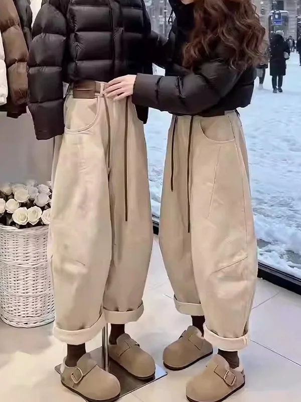 Khaki Fce Lined Dad Jeans Women's Winter High Waist Loose Fit Casual Sle Nine-Piece Carrot Pants plus Size ort Stature