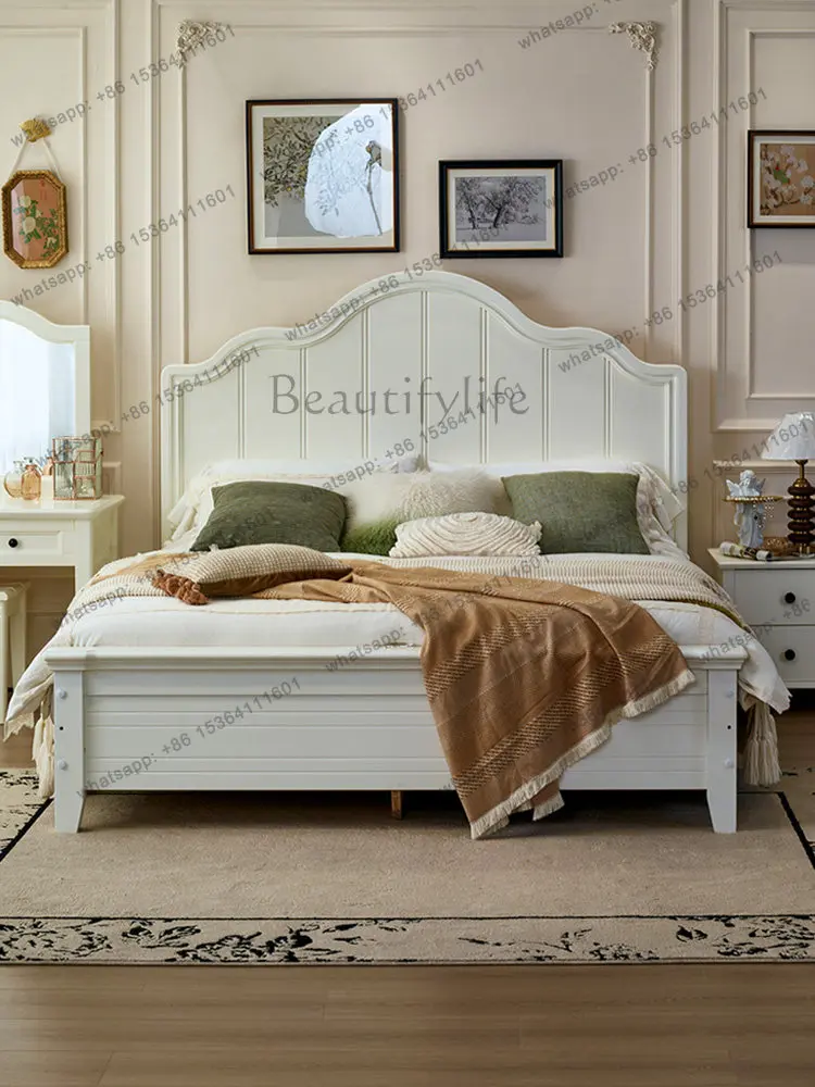 American bed solid wood French retro cream style white Mediterranean style pure solid wood
