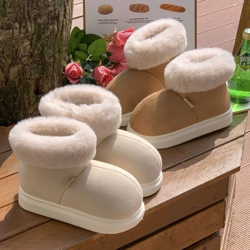 Thick Sole Cotton Slippers for Women Winter Warm Plush Shoes Couples Indoor Home Floor Footwear Female Male Street Snow Boots