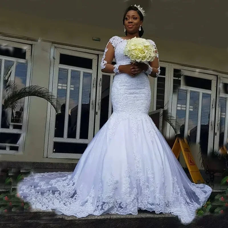 

Customized Long Sleeve Wedding Gown Bride Vestido De Noiva White Lace Mermaid Bridal Dress