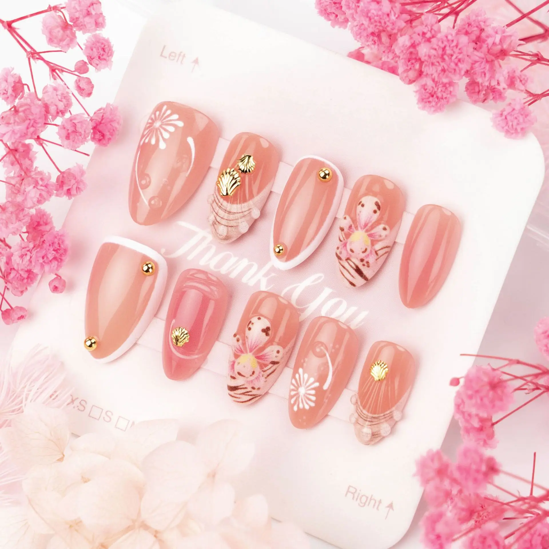 

24PCS Almond Press on Nails 3D Floral Shell Design Gold Leaf Decor White French Pattern Reusable False Nails Elegant Manicure