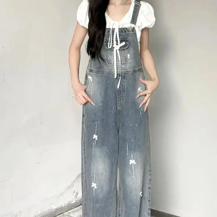 Lace Bow Hot Diamond Shiny Shiny Wash Strap Jeans Women Spring Summer New Style Slimming Loose Wide-Leg Floor Trousers