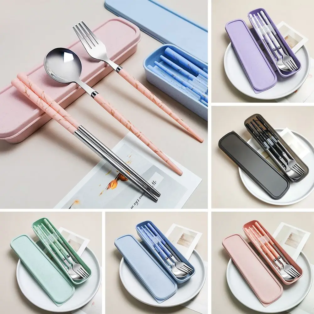 Kitchen Accessories Reusable With Box Tableware Portable Stainless Steel Spoon Fork Chopsticks Set Dinnerware Cutlery Set