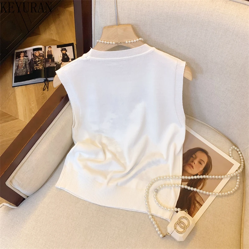 White Embroidery Knitted Vest Women 2024 New Summer O-neck Vintage Sleeveless Sweater Pullover Knitwear Tanks Crop Tops Jumper