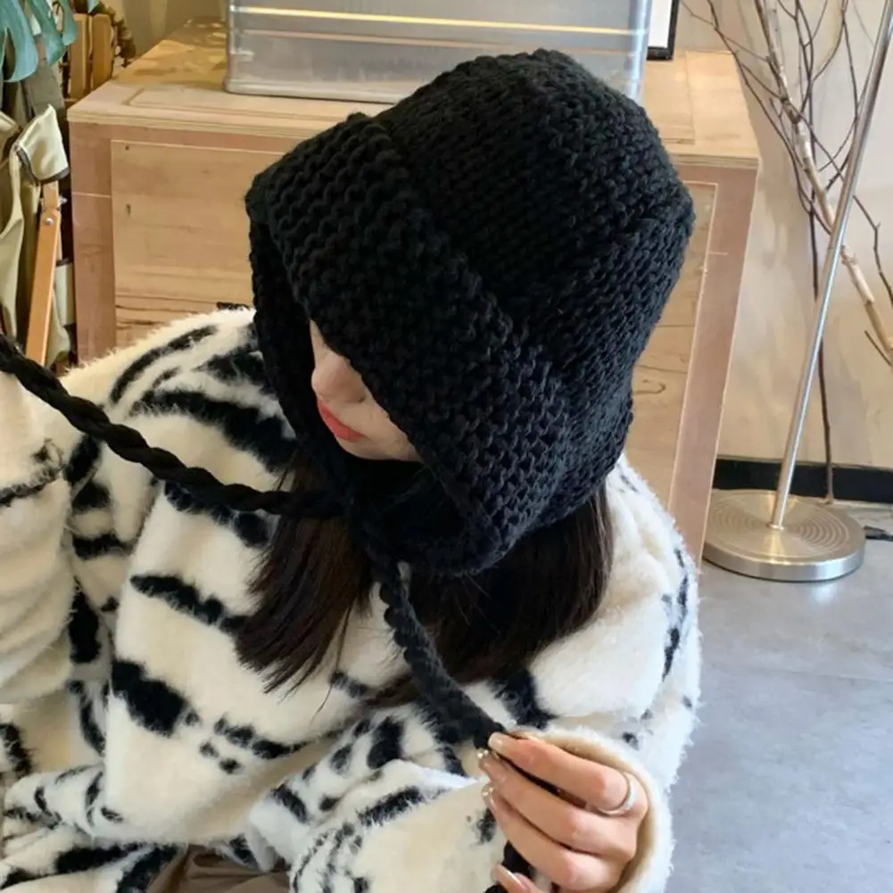 Women Knitted Hat Vintage Handmade Oversize Woolen Yarn Winter Hat With Lace Up Design For Women Warm Knitted Balaclava