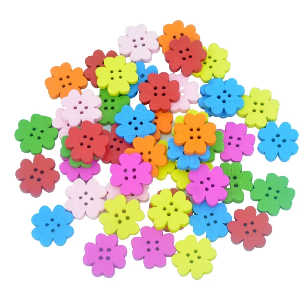 20pcs Four-Leaf Clover Wooden Button, Colorful 4-Hole Plum Blossom Design 20mm Cartoon Button for Children\'s Sweaters and Crafts