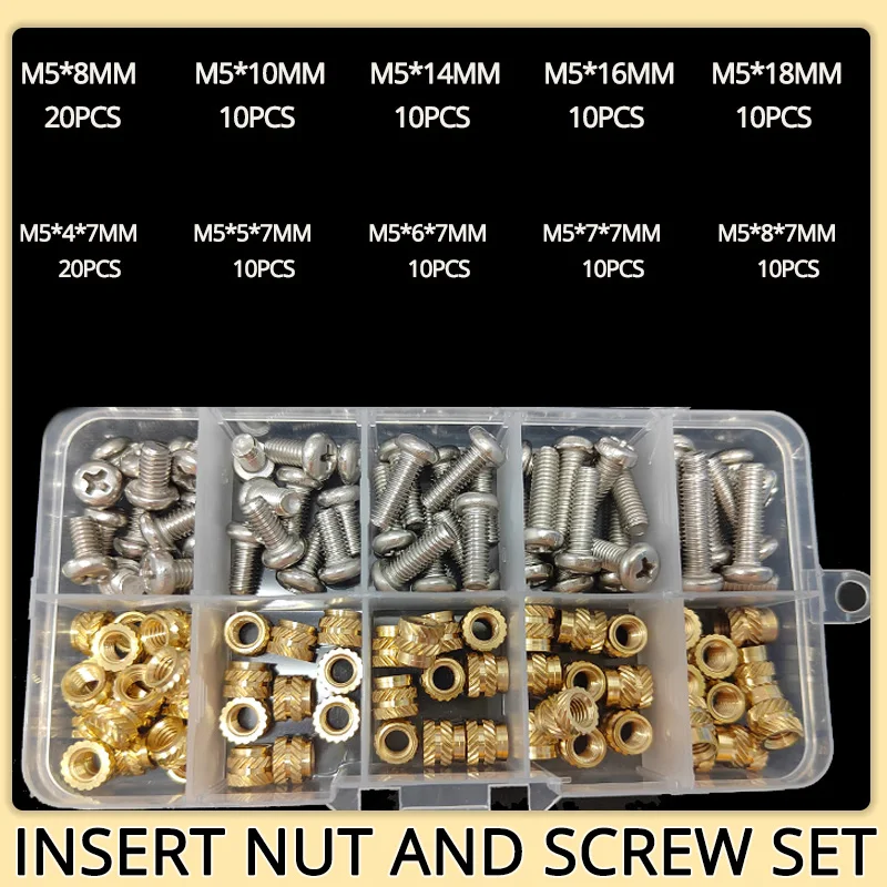 M2 M2.5 M3 M4 M5 M6 Brass Insert Nut and Screw Set Hot Knurled Heat Thread Copper Nuts 304 Stainless Steel Bolt Assortment Kit