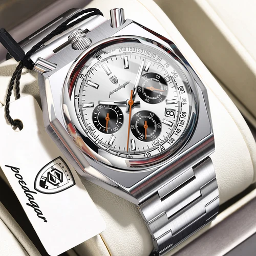 Imagen 1 del producto Reloj de pulsera funcional POEDAGAR para hombre, luminoso, impermeable, de acero inoxidable, clásico, con fecha, cronógrafo, reloj de cuarzo para hombre