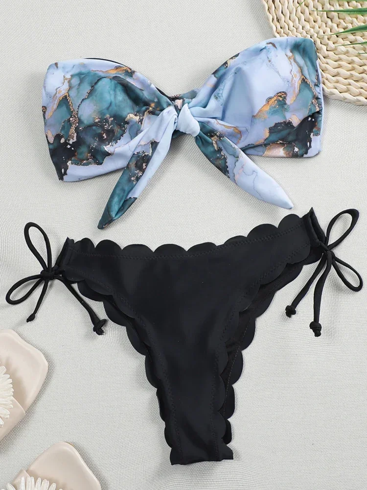 

Marble Print Bikinis Scalloped Bandeau Bikini Women Swimwear Female Swimsuit Two-pieces Bikini Set Knotted Bathing Suit Swim