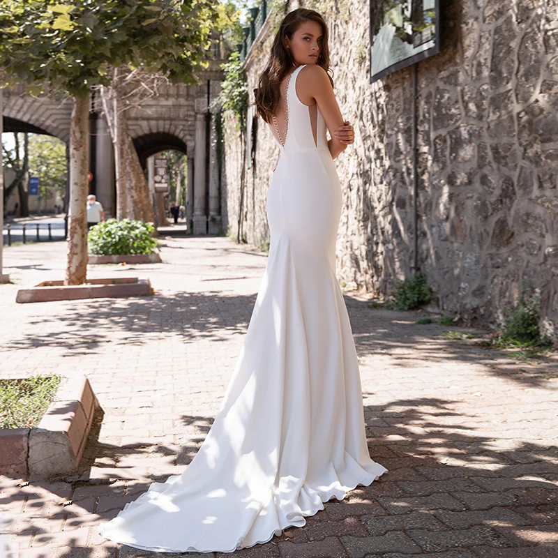 Robe De mariée sirène Simple, col en v, sans manches, avec traîne en cristal, élégante, sur mesure