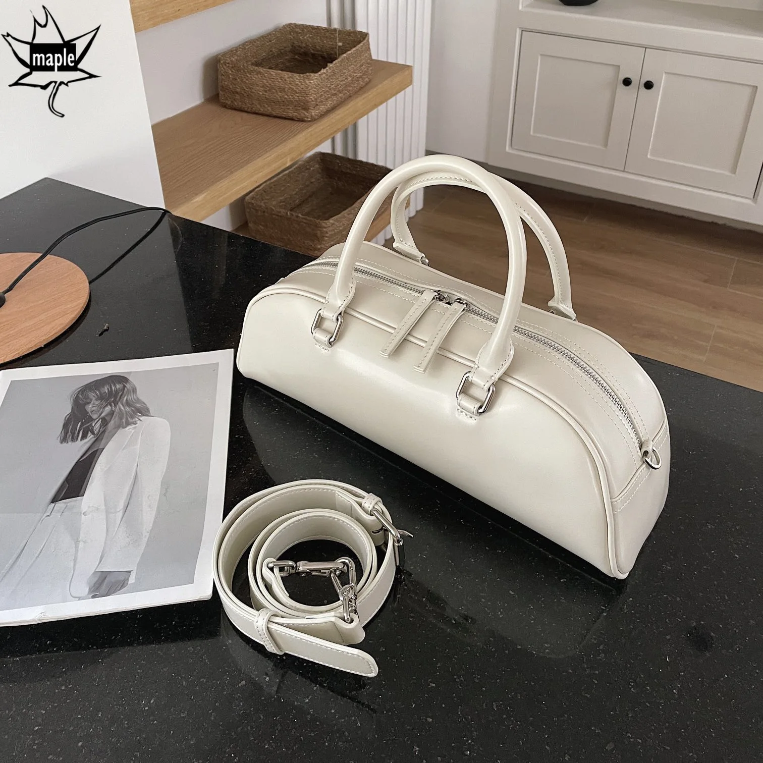 New Fashion Trendy All-match Bowling Tote Silver Beige Glossy Split Cow Leather Women\'s Handbag Travel Shoulder Bag