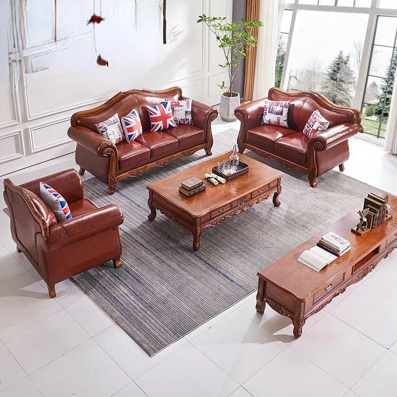 

American country simple leather sofa 123 combination retro European solid wood wax living room