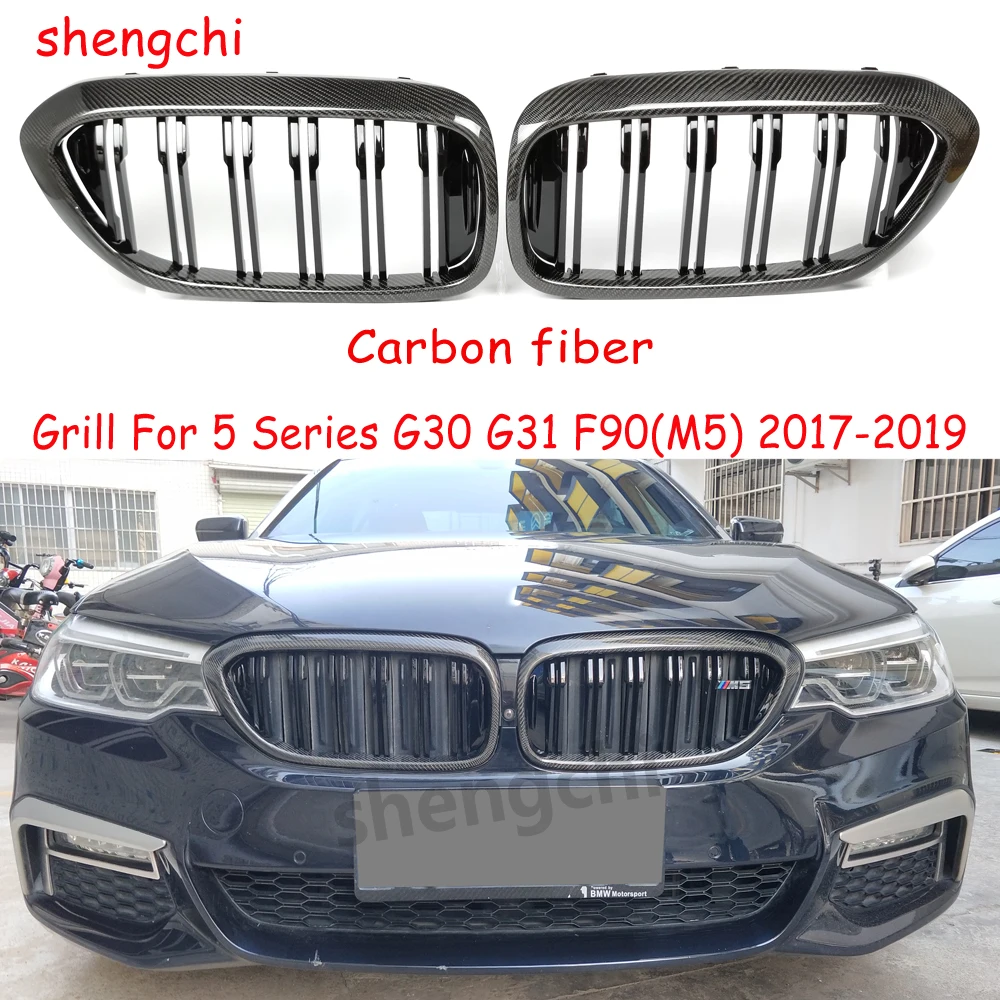 

Carbon Fiber Grill for BMW 5 Series G30 G31 & F90 M5 2017-2019 Pre-LCI Double line Gloss Black Front Kidney Grille