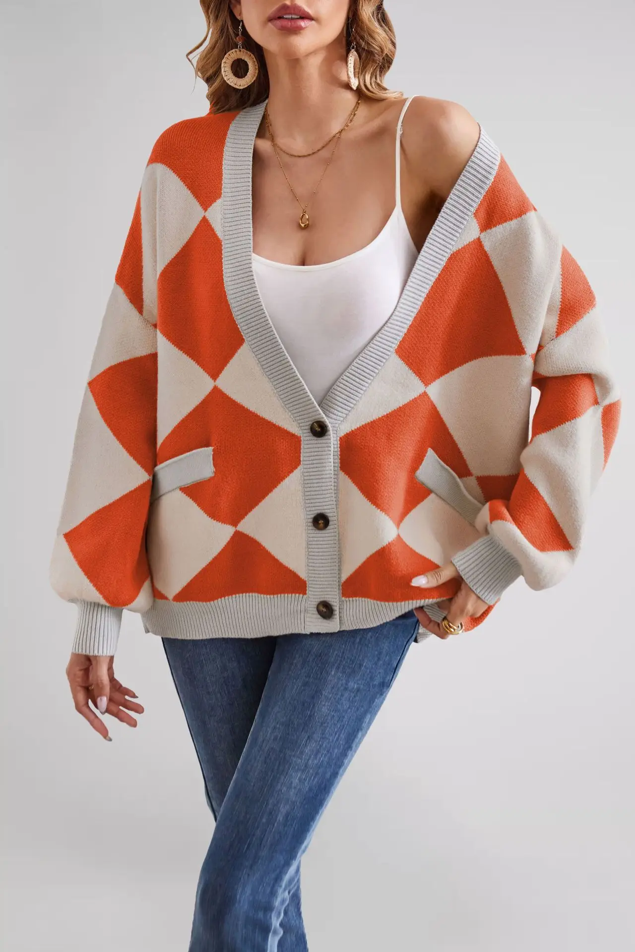 

2025 Winter V-neck Plaid Patchwork Contrasting Color Loose Knit Cardigan