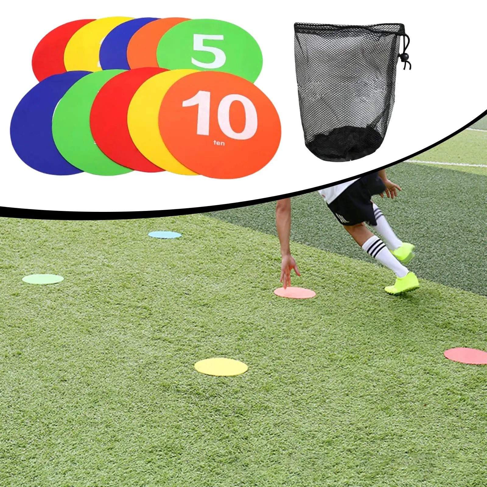 10Pcs Spots Markers with Storage Bag Anti Slip Flexible Round Floor Spots for Exercise Sport Activities Basketball Gym Field
