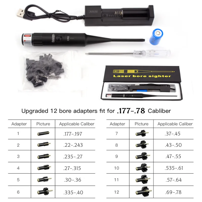 Bore Sight Kit 12Adpaters Laser Boresighter von.177.22 Kaliber bis.78 Laser Collimator Bore Sight