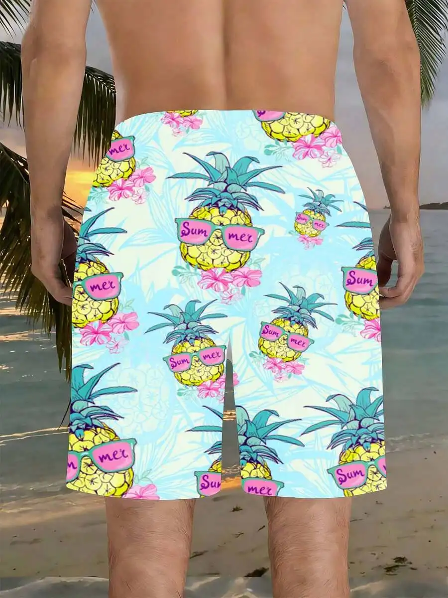 

Mens Summer Pineapple Print Swim Trunks With Drawstring Waistband Tropical Beach Shorts