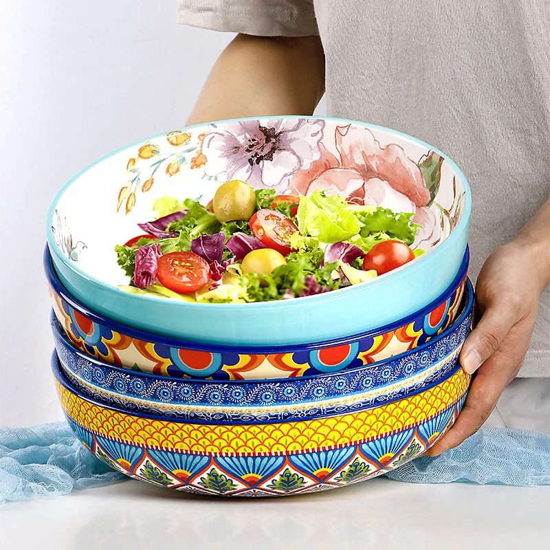 

12 Inch American Style Fruit Salad Bowl Large Rustic Soup Bowl Underglaze Round Fish Bowl
