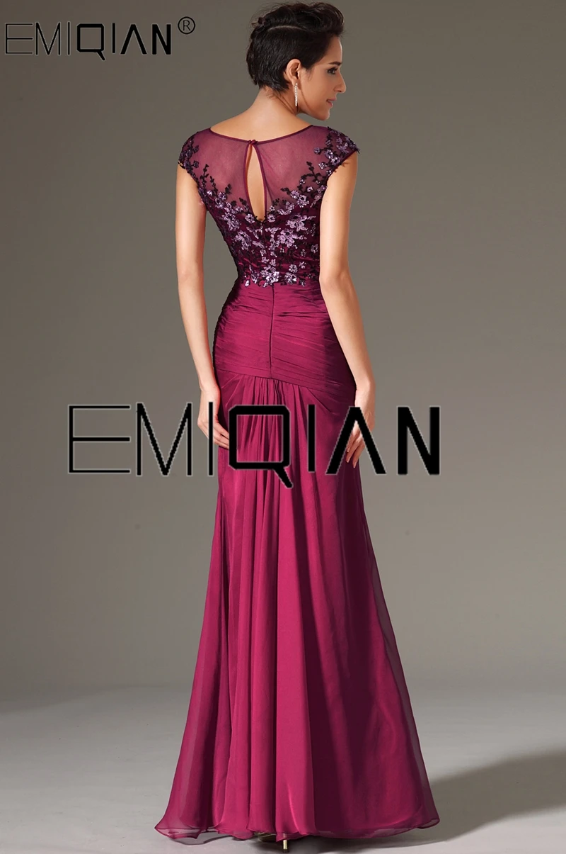 Scoop Cap Sleeves High Slit Burgundy Chiffon Evening Dresses Appliqued Formal Party Gown