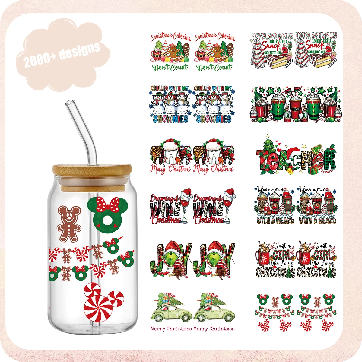 Wholesale Christmas Cartoon UV DTF Cup Wraps Transfers Sticker For 16oz Libbey Glass Can DIY Cup for Children