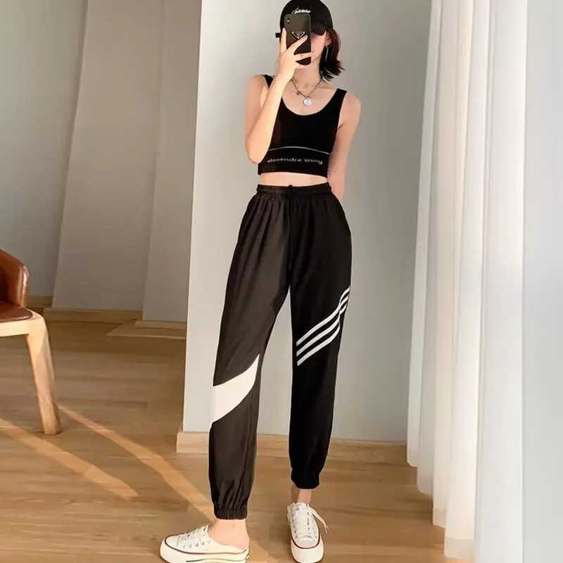 

Three bars plus size sports pants for women spring and fall hip hop dance casual bundle feet loose wide leg haren pants