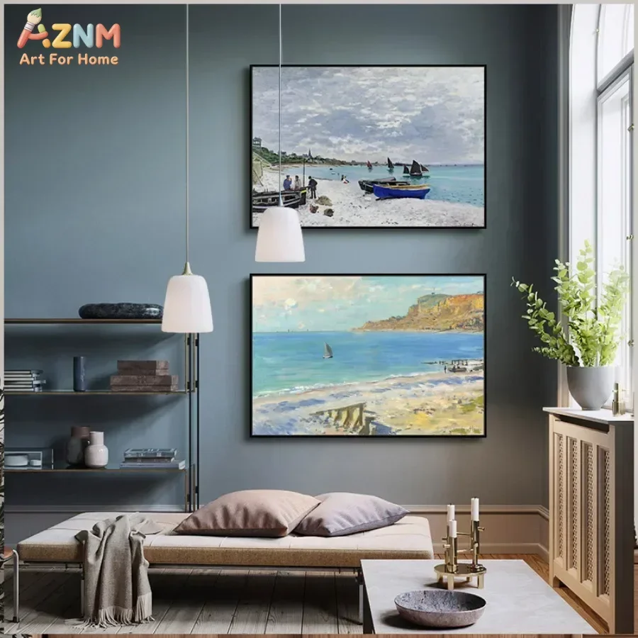 AZNM Claude Monet Famous Impressionist Landscape Canvas Print, Sea Beach Nature Unframed Canvas Painting, Classic Vintage Wall A