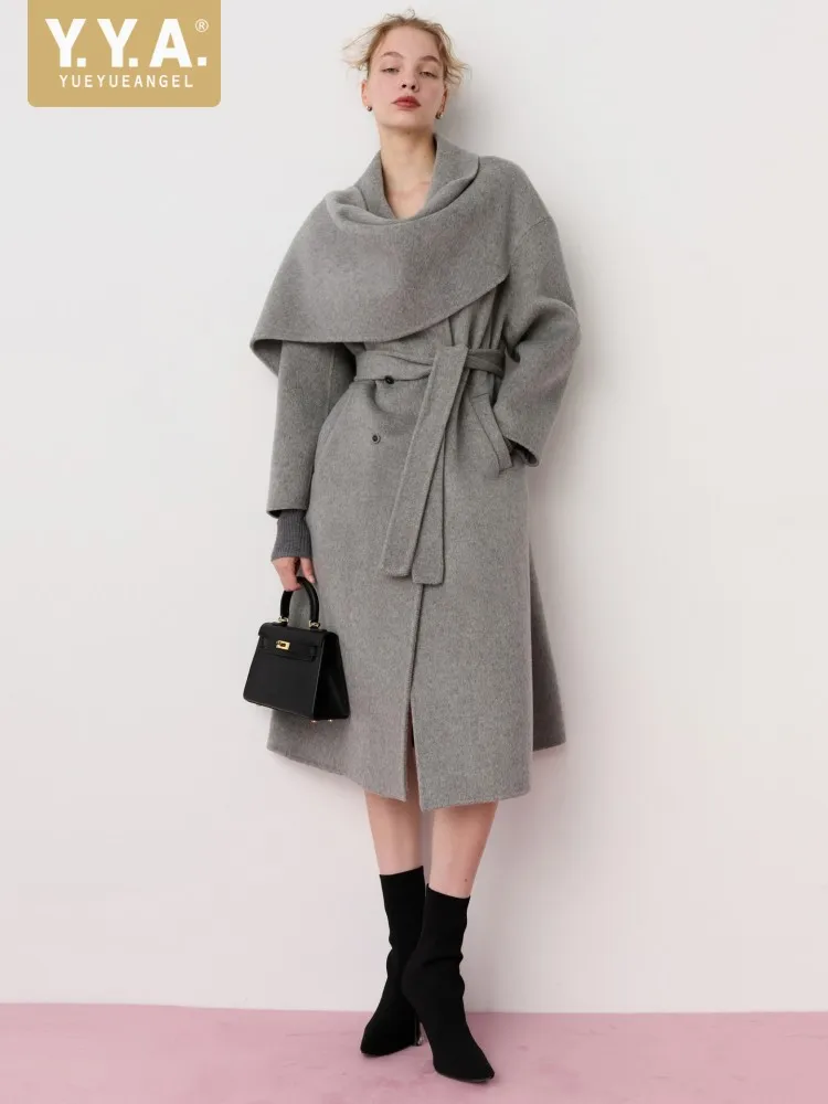 Office Ladies Elegant Woolen Coat Straight Medium Long Double Breasted Sashes Streetwear Women Fashion Autumn Winter Overcoat