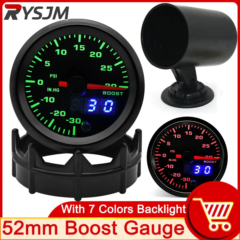 HD Dual Display 52MM 7 Colors Backlight Turbo Boost Gauge -30~30 PSI Boost Meter with Stepper Motor Boost Sensor Vacuum Gauge