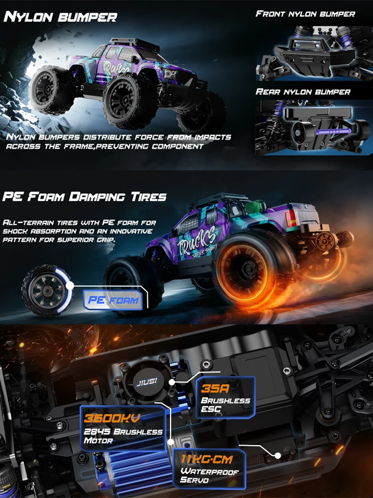 NEUES JIUSI 1:14 PT14R V3 RC Auto 2,4G 4WD 35A 80km/h 3600KV Bürstenloser Motor Hochgeschwindigkeits-Metall-Truck Offroad-Fahrzeug Kletter-Rennwagen Sturzsicheres RC-Modell Spielzeug Geschenkset für