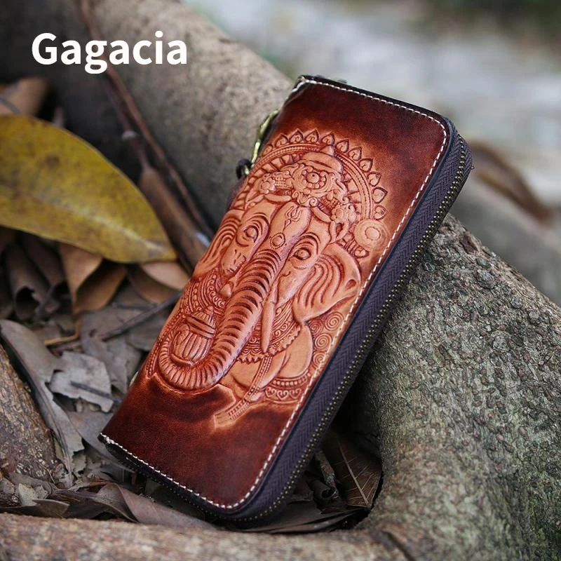 

GAGACIA 2024 New Luxury Women Wallets For Retro Handmade Genuine Leather Purse Carved Men Long Cowhide Wallet Card Holder Phone