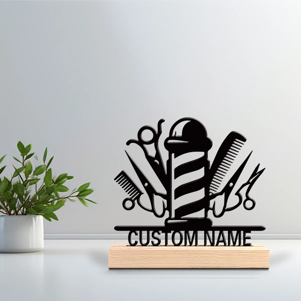 1pc Cartoon Personalized Custom Barber Metal Statues Symbolic Desktop Decoration With Wooden Base Suitable For Hairdressers