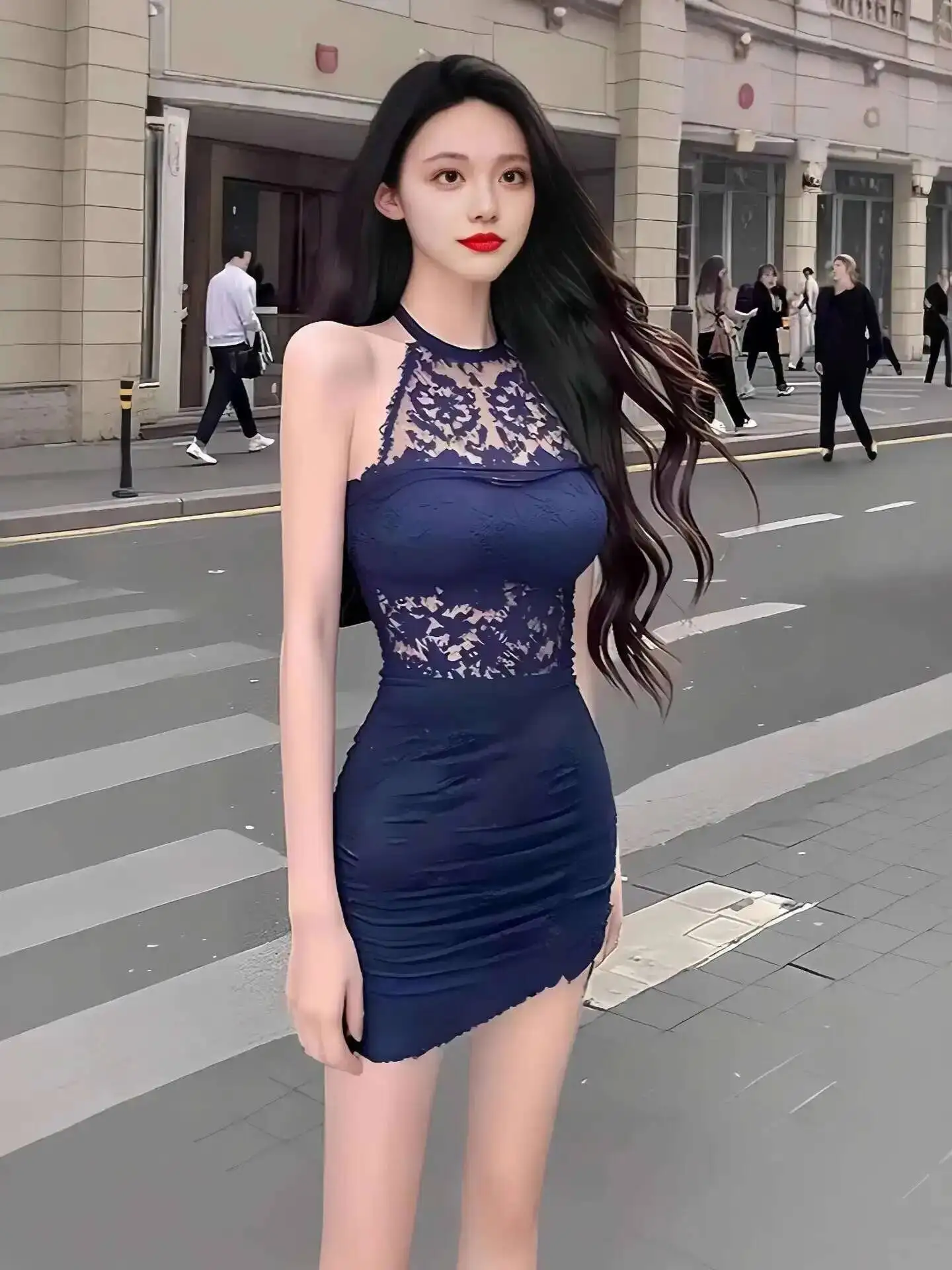 2025 neue Schlanke Bankett Kleid Hüfte Umarmt Sexy Spitze Patchwork Hals Hängen Kleid Elegant Für Frauen Spitze Mesh Sheer Tops M7JE