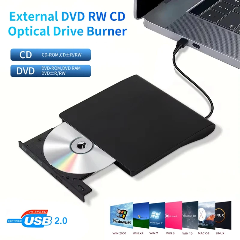 Внешний USB-накопитель CD DVD, тонкий защитный внешний привод CD-RW USB 2.0, проигрыватель DVD-ROM для ноутбуков, ПК, настольного компьютера