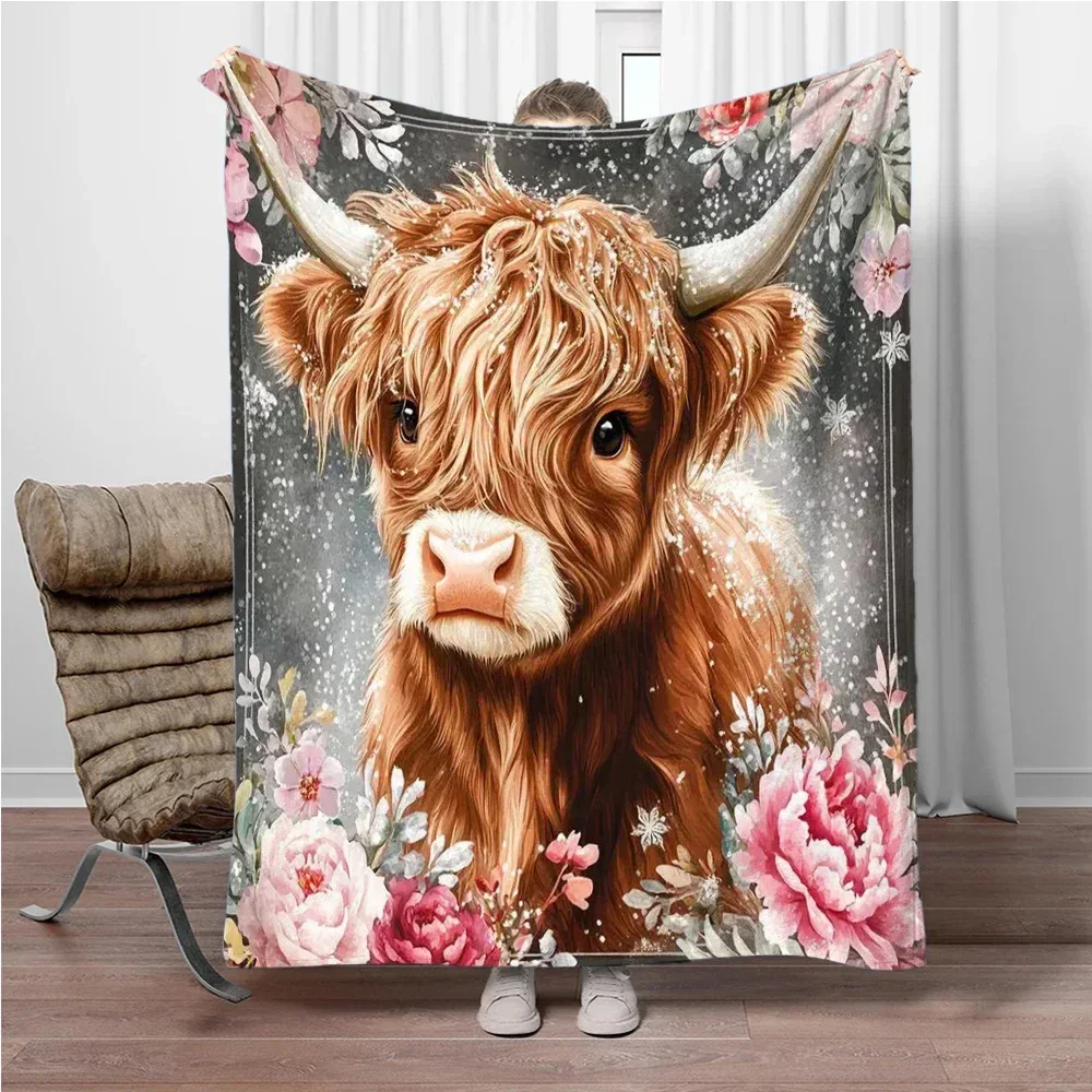 Highland Cow Flannel Blanket Children Warm Soft Blanket Sofa Bed Cover Blanket Suitable Birthday Souvenir Camping Gifts